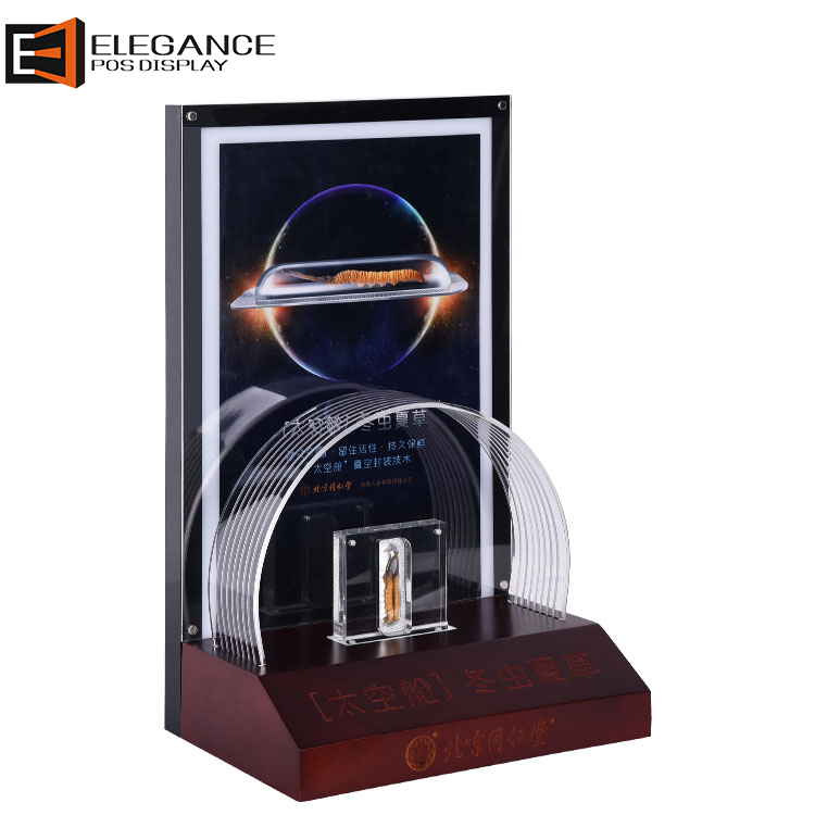 Birch Wood Board and Black Acrylic Cordyceps Sinensis Medicine Display Stand