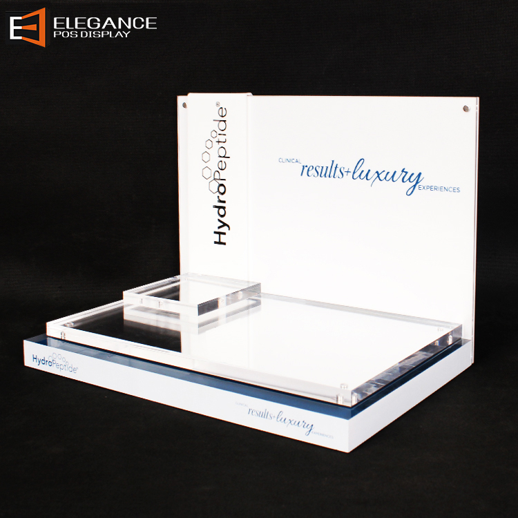 Luxury Clear And White Acrylic Cosmetic Tabletop Display Stand With Mirror