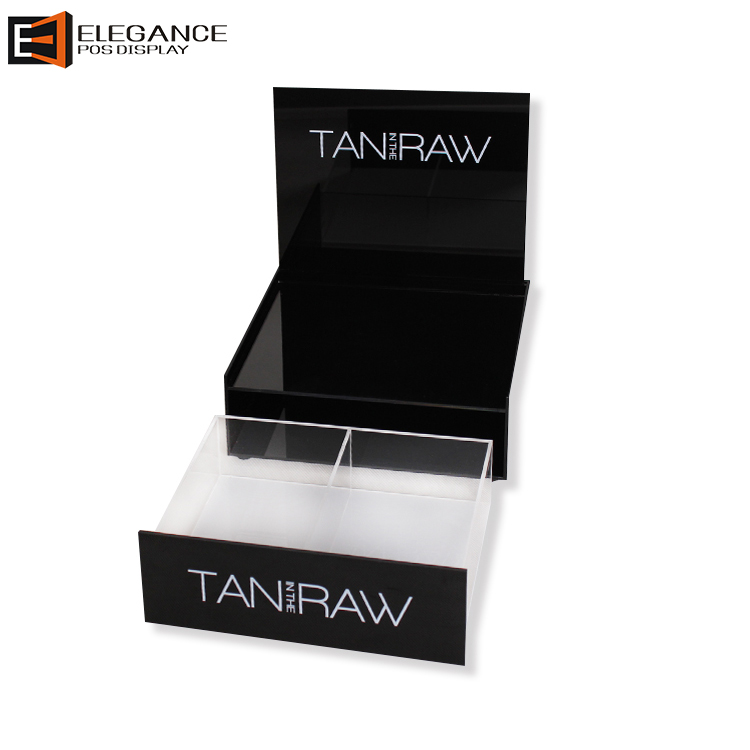 Customized Countertop Black Acrylic Cosmetic Eye Cream Display Rack with White Logo Screen