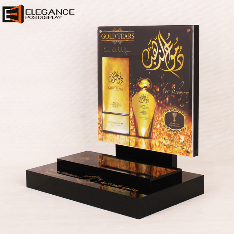 Customized Beautiful Counter Top Black Acrylic Perfume Display Stand with Golden Background