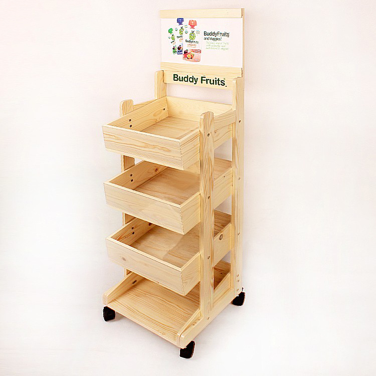 Wooden Three Tiers Mobile Portable Buddy Fruits Floor Display Shelves 
