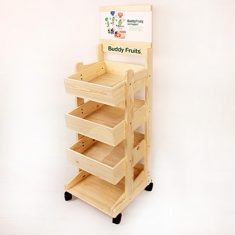 Wooden Three Tiers Mobile Portable Buddy Fruits Floor Display Shelves 